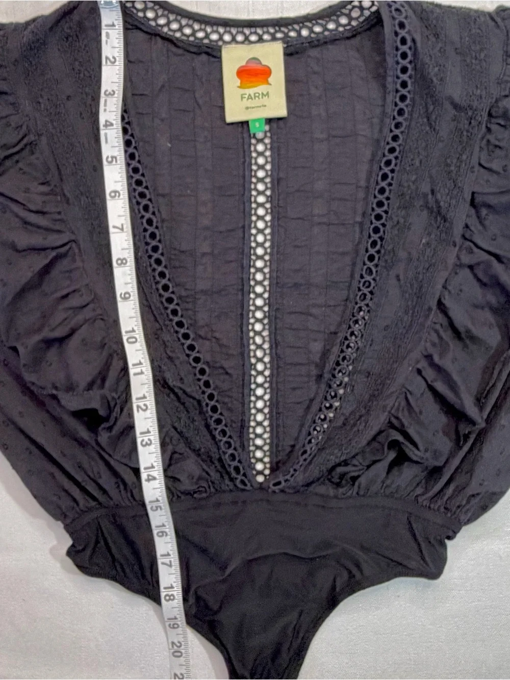 Farm Rip Blk Lace Eyelet Dot Ruffle Bodysuit Blouse Deep V Neck Puff Sleeve Sz